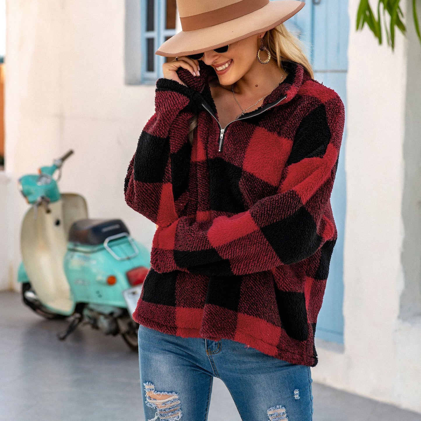 Plaid Long-sleeved High-neck Plush Blouse For Women