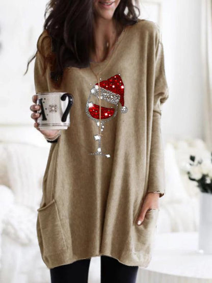 Women's Christmas Wine Glass Print Long T-shirt