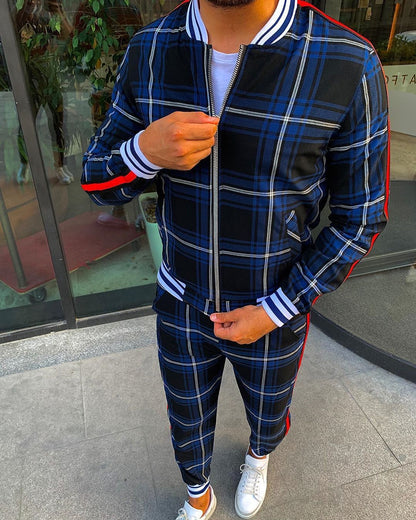 Men's 3D Plaid Casual Top Sweatshirt Pants Set