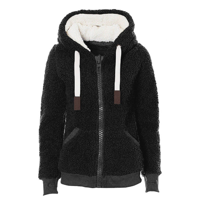 Woman Plush Hooded Sweatshirt Jacket