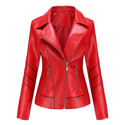 Slim Fit Stand Collar Leather Jacket For Women