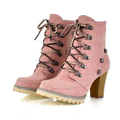 Woman Fashion Lace-up Rivet High Heel Boots