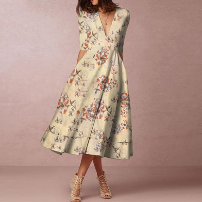 Women's Floral Print Short Sleeve V Neck Dress