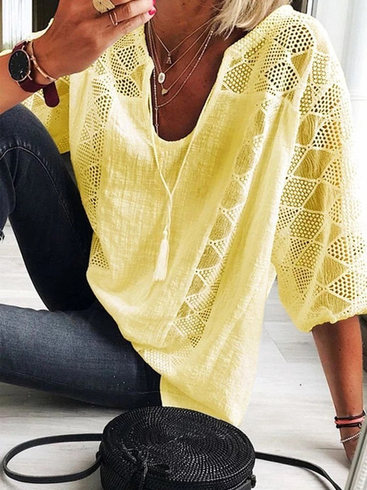 Women's Lace Stitching U-neck Three-quarter Sleeve Top