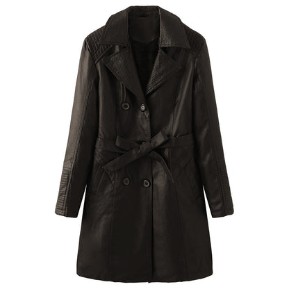 Women's Mid-length Plus Velvet Leather Jacket With Lapel