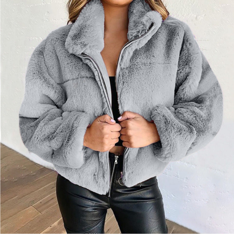 Women's Rabbit Fur Faux Fur Zipper Cardigan Warm Plush Jacket