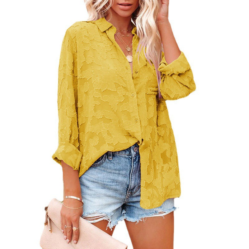 women's Hollow Chiffon Jacquard Long Sleeve Blouses