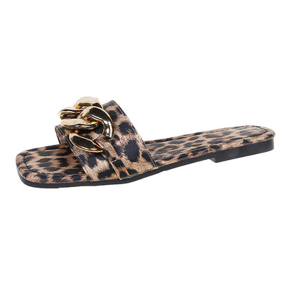 Women's Metal Chain Square Toe Flat Sandals