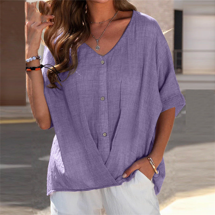 Women's V-Neck Pullover Short Sleeve Loose Blouses