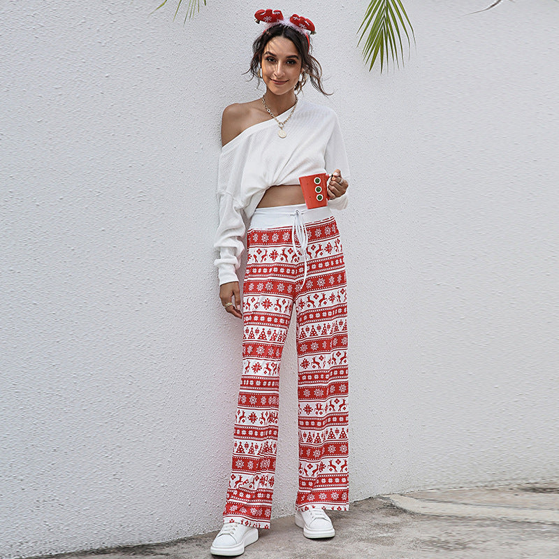 Women's Loose Lace-up Christmas Print Pants