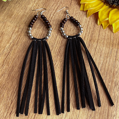 Woman Tassel Western Cowboy Style Turquoise Bead Earrings