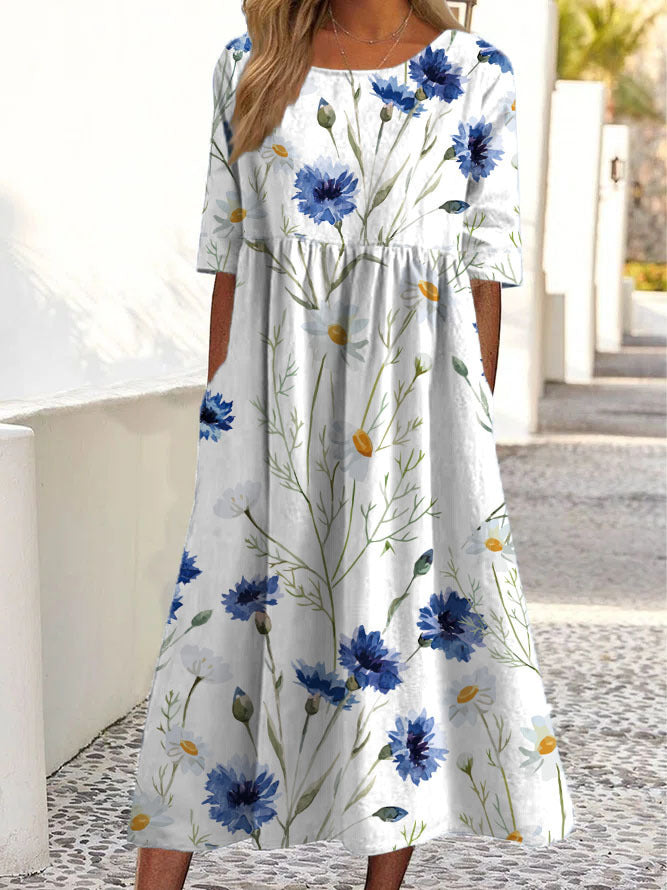 Women's Floral Print Round Neck Short Sleeve Pocket Dress