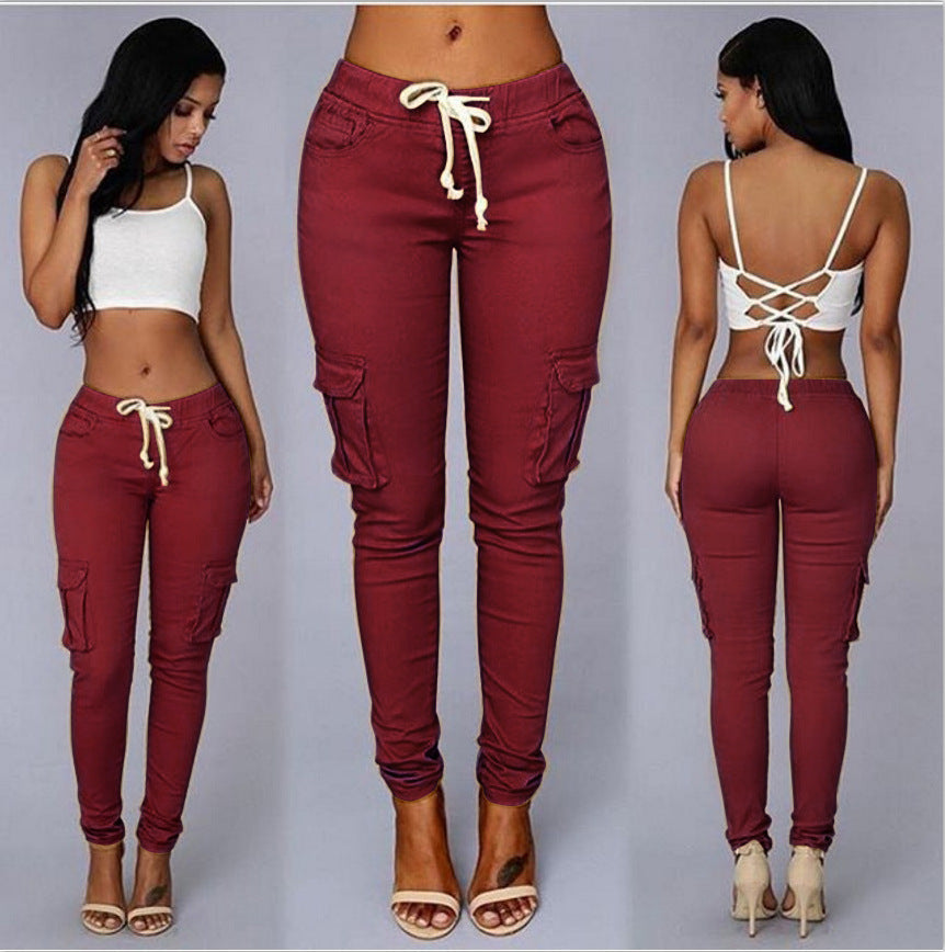 Women's Multi-pocket Drawstring Lace Ladies Casual Pants