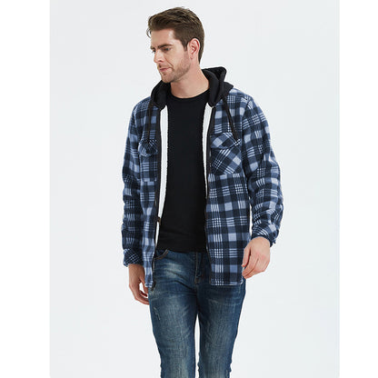 Hooded Plaid Flannel Shirt Jacket Sherpa Lined Jacket For Men