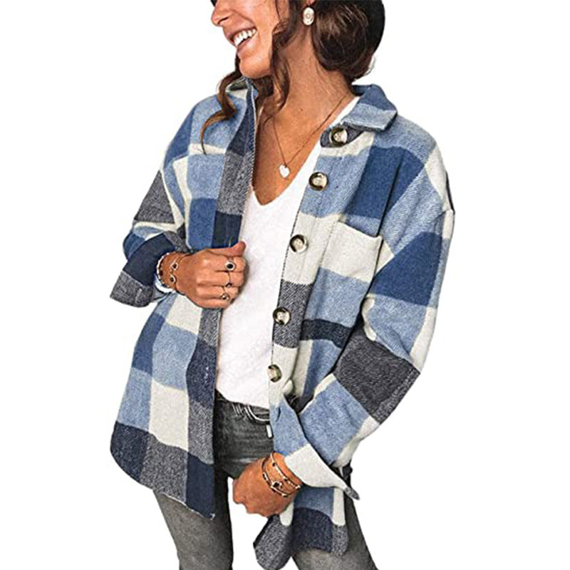 Casual Plaid Flannel Shirt Jacket For Women