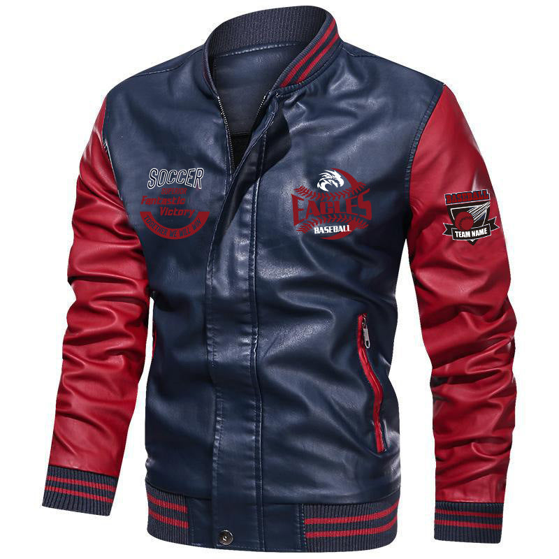 Color Block Stand Collar Standard Patchwork Men's Leather Jacket