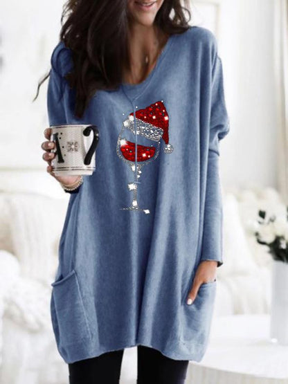 Women's Christmas Wine Glass Print Long T-shirt