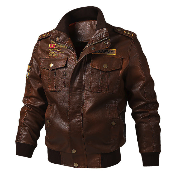 Casual Stand Collar Letter Standard Slim Men's Leather Jacket