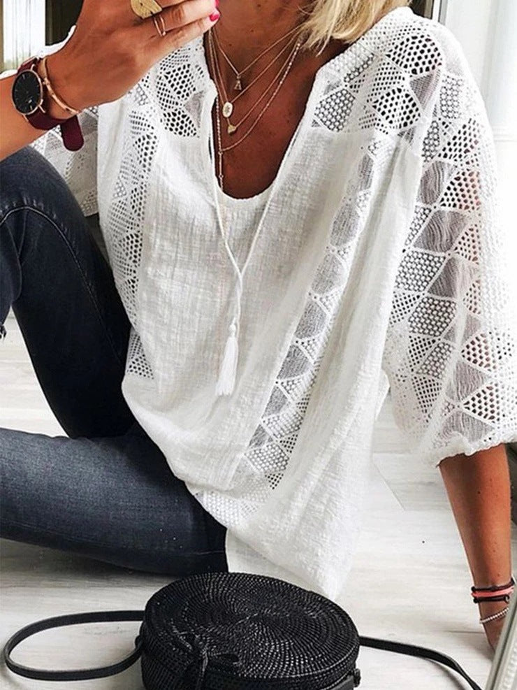 Women's Lace Stitching U-neck Three-quarter Sleeve Top