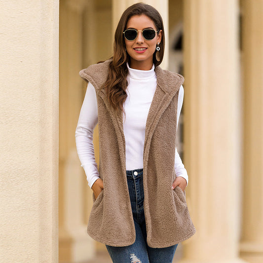 Women's Long Hooded Vest Plush Jacket