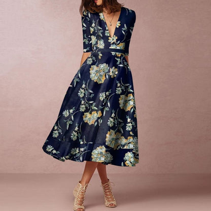 Women's Floral Print Short Sleeve V Neck Dress