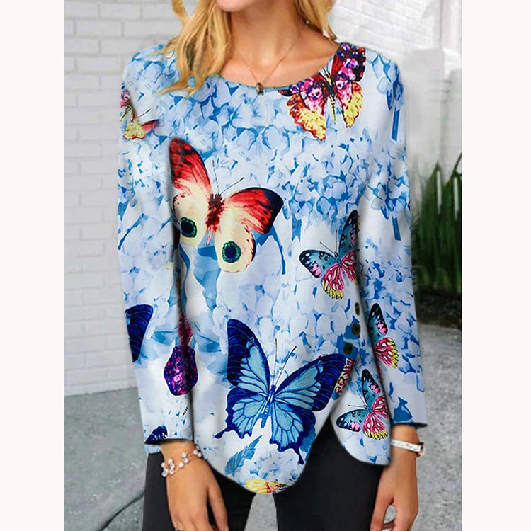 Woman Butterfly Hem Button Irregular Long-sleeved T-shirt