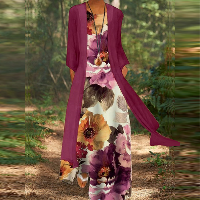 Women's Elegant Round Neck Two Piece Long Sleeve Floral Print Maxi Dress
