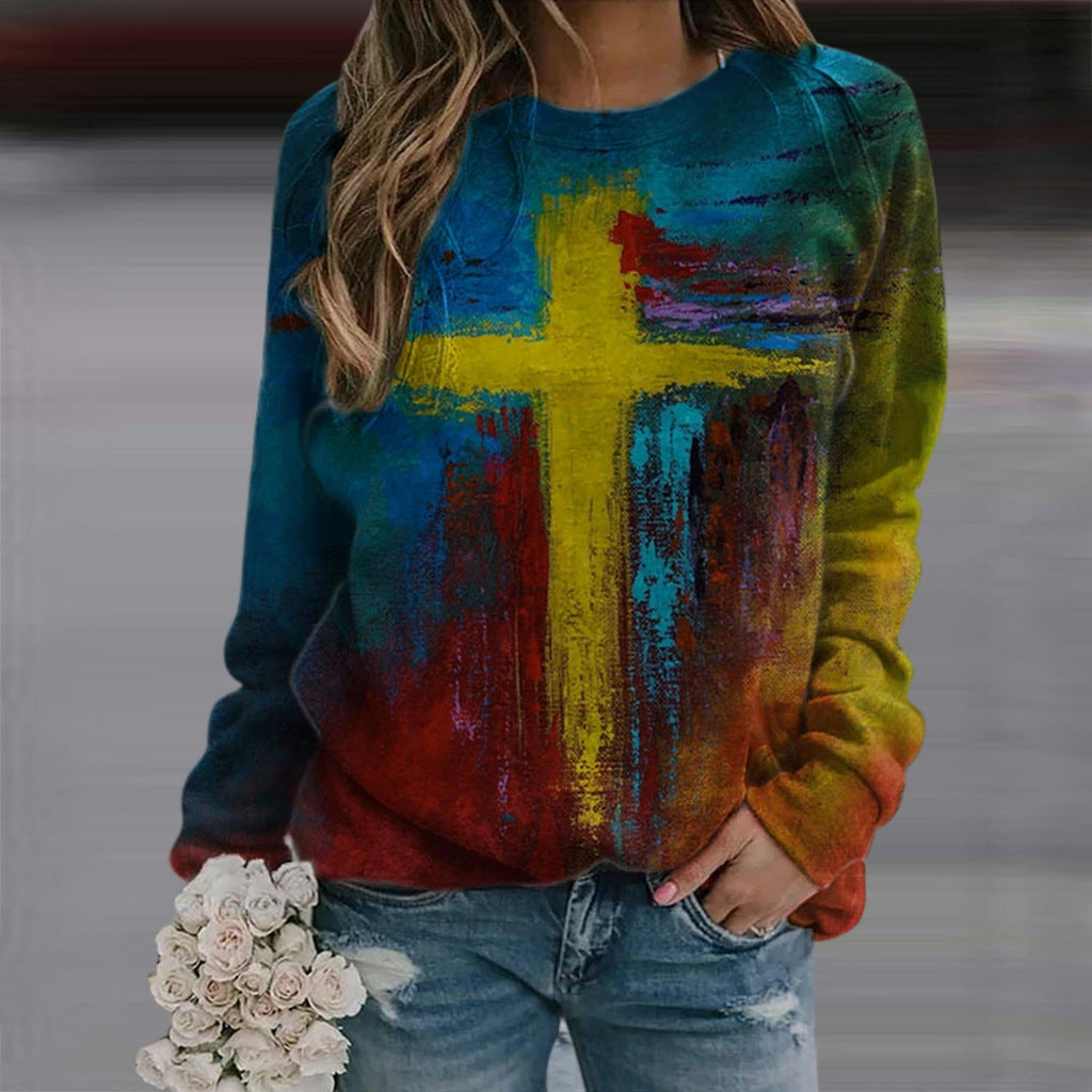 Women's Cross Print Sweatshirt Colorful Crew Neck Long Sleeve Top