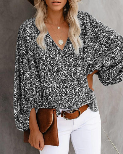 Women's V-neck Shirt Print Lantern Sleeve Top