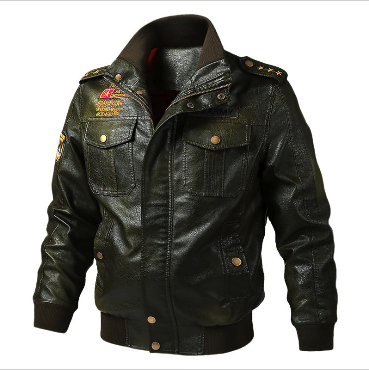 Casual Stand Collar Letter Standard Slim Men's Leather Jacket