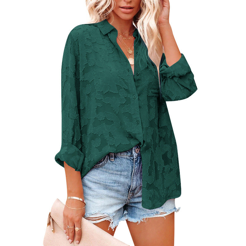 women's Hollow Chiffon Jacquard Long Sleeve Blouses