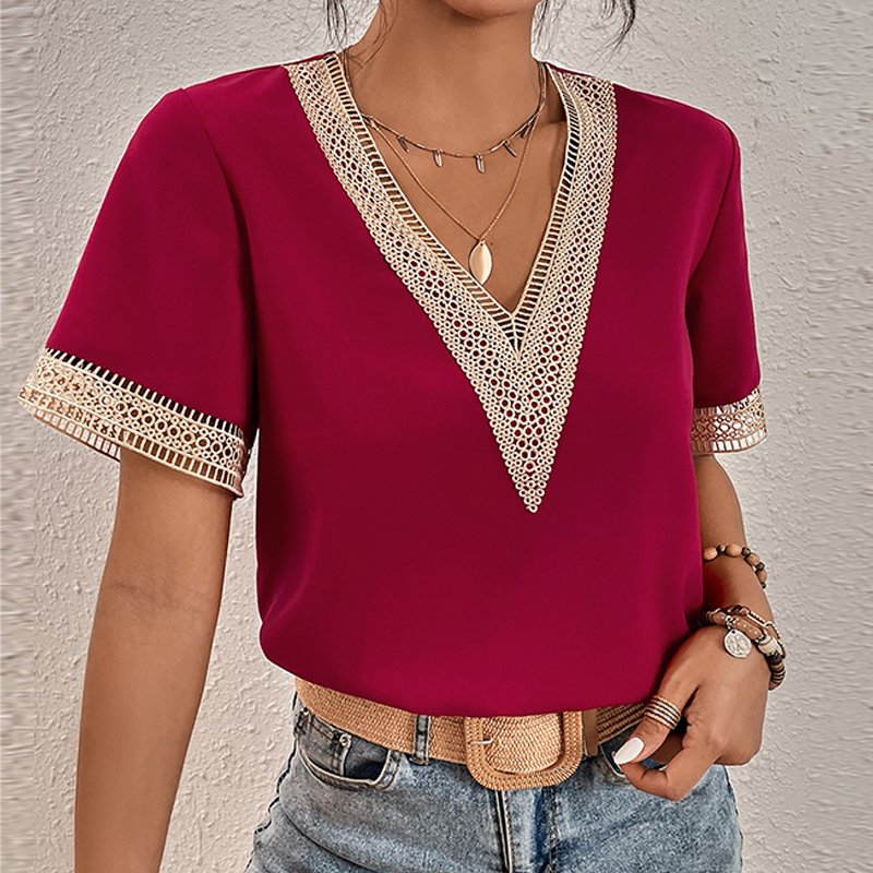 Women's V-Neck Loose Short Sleeve Blouses