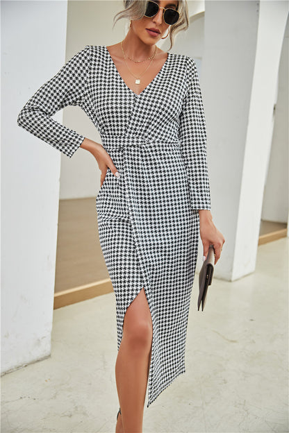 Deep V Long Sleeve Split Party Dress
