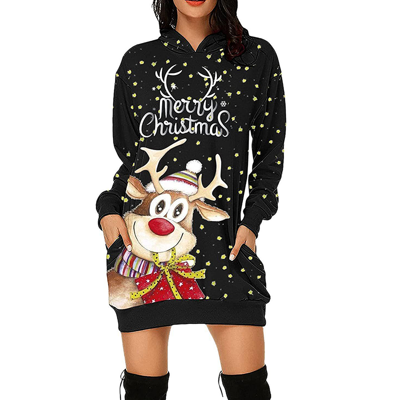 Merry Christmas Hoodie Dress Christmas Deer Dress