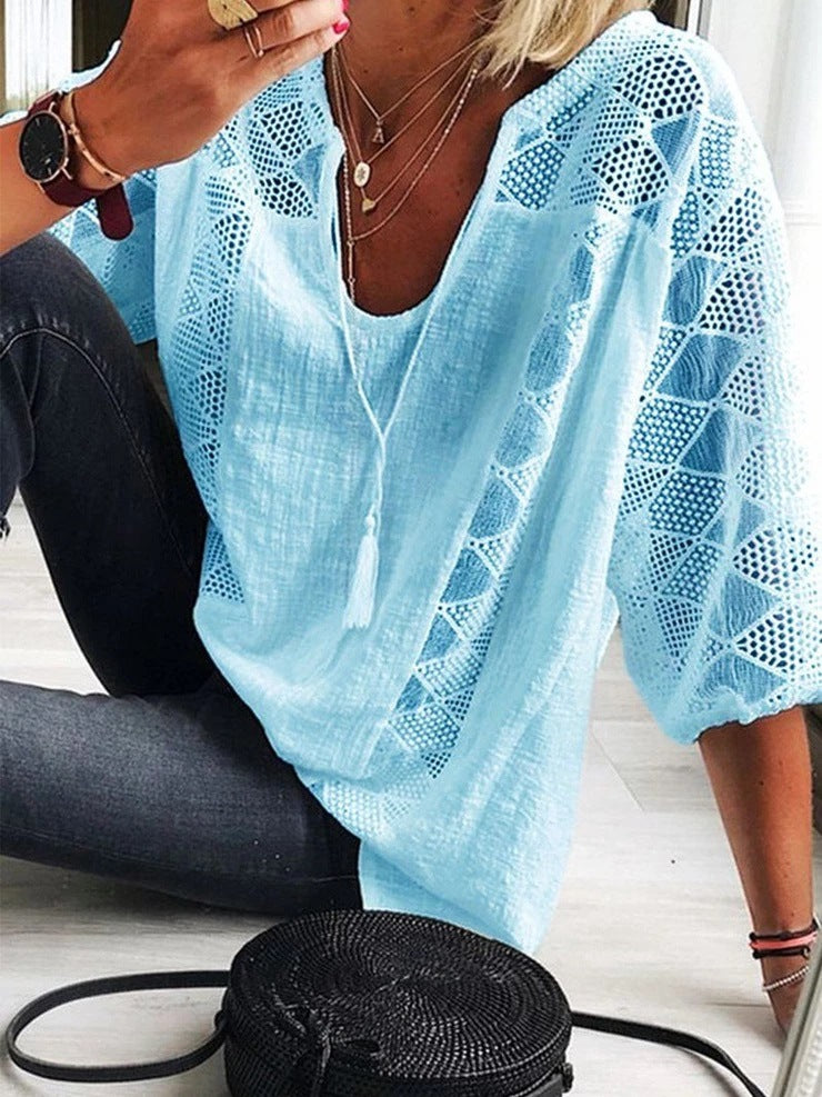 Women's Lace Stitching U-neck Three-quarter Sleeve Top