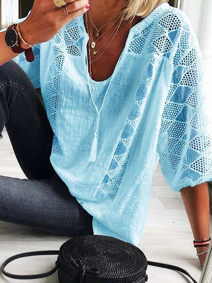 Women's Lace Stitching U-neck Three-quarter Sleeve Top