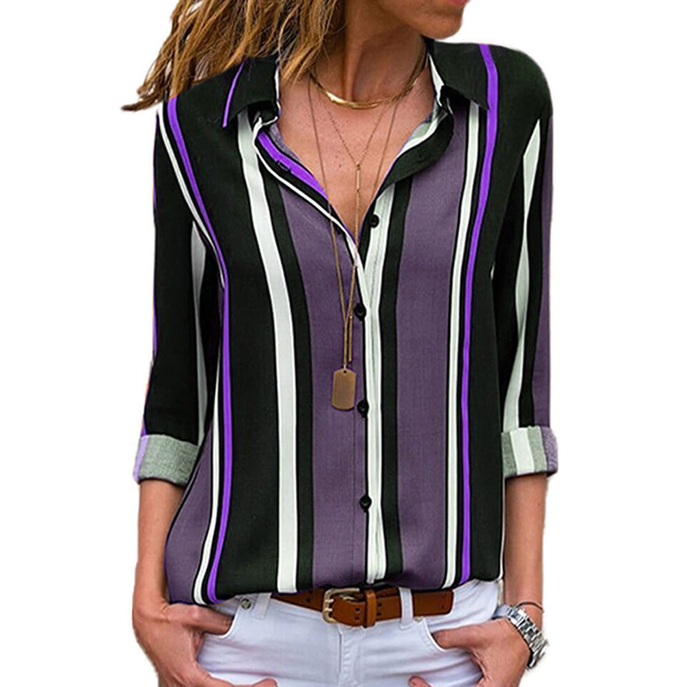 Women's T-shirt Stripe Design Lapel Single Breasted Long Sleeve Blouse