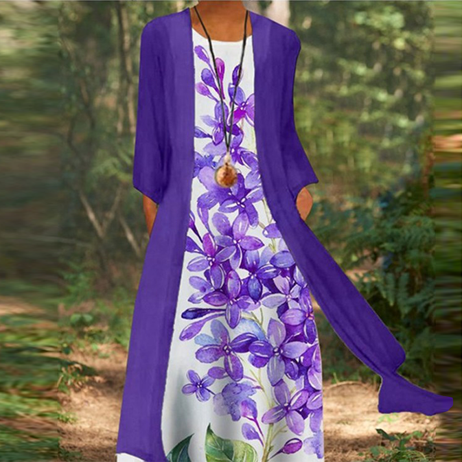 Women's Elegant Round Neck Two Piece Long Sleeve Floral Print Maxi Dress