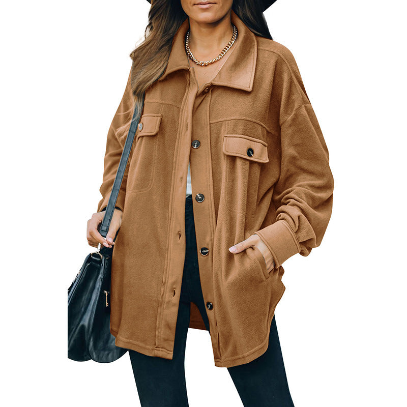 Woman Suede Textured Shirt Cardigan Jacket