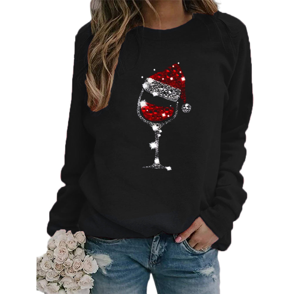 Woman Christmas Hat Red Wine Glass Print Long Sleeve Top
