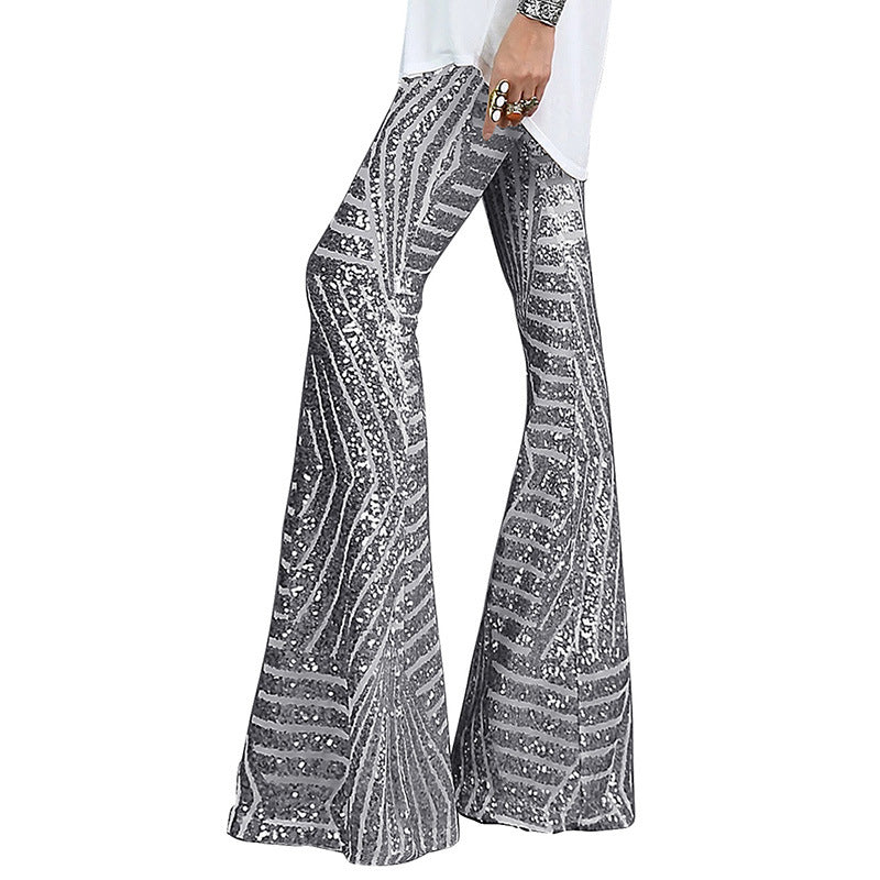 Women's Sequin Flared Pants Glitter High Waist Wide Leg Pants