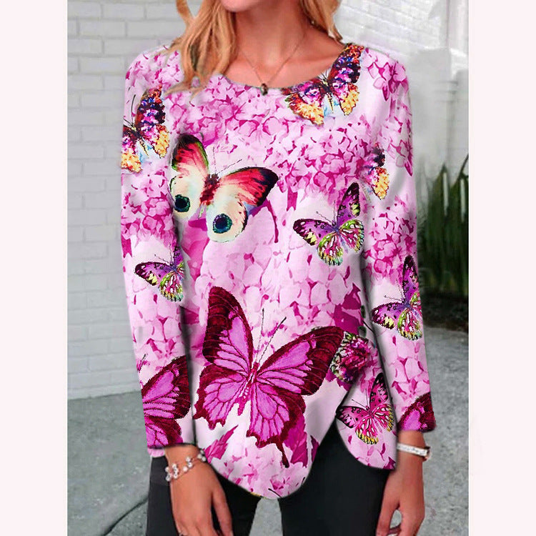 Woman Butterfly Hem Button Irregular Long-sleeved T-shirt