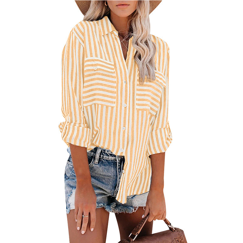 Women's Linen Cotton Washed Water Stripe Long Sleeve Blouses