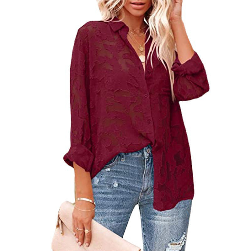 women's Hollow Chiffon Jacquard Long Sleeve Blouses