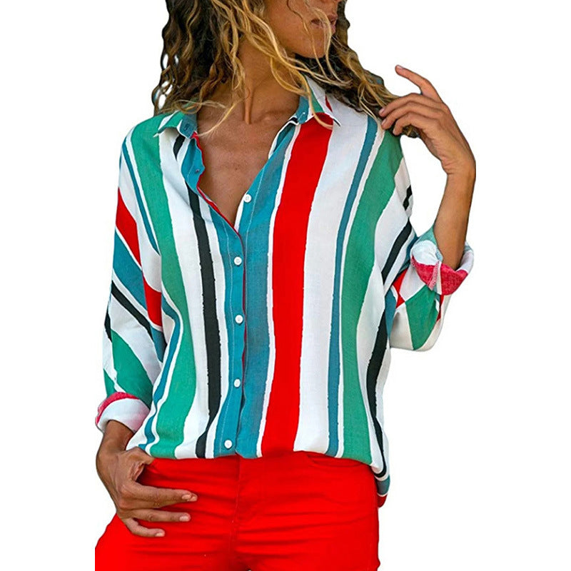 Women's T-shirt Stripe Design Lapel Single Breasted Long Sleeve Blouse