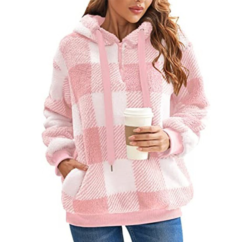 Plush Check Hoodie For Women