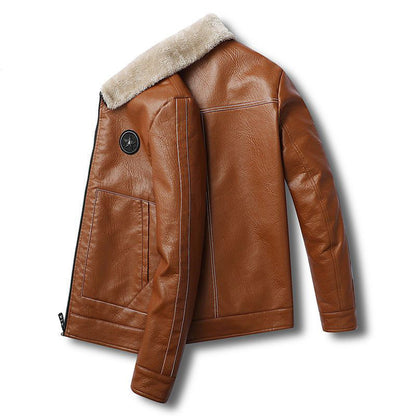 Men's Leather Lapel Plush Pocket Jacket