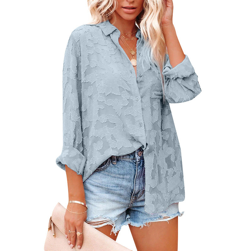 women's Hollow Chiffon Jacquard Long Sleeve Blouses