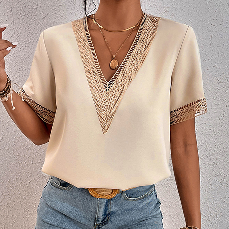 Women's V-Neck Loose Short Sleeve Blouses