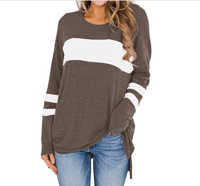 Women's Color Matching Long-sleeved Round Neck T-shirt